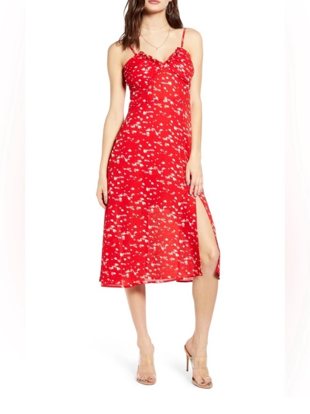 Red Slip Midi Dress with Side Slit